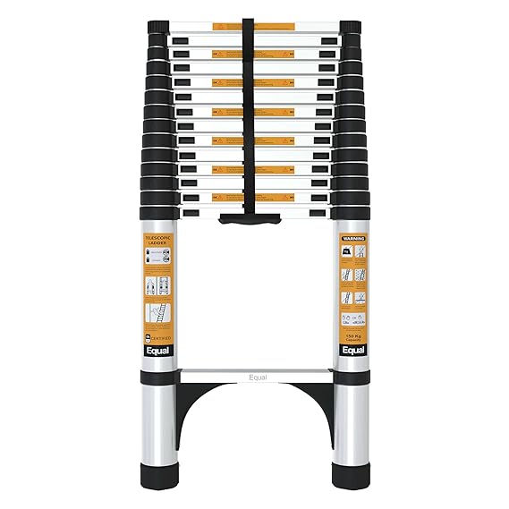 Equal 12.5 FT Aluminum Folding Telescopic Ladder with 2 Triangle Stabilizers | Certified with 2 Year Warranty | 150kg Max Capacity | Collapsible Ladder for Home or Outdoor Work (3.8m/13 Step)