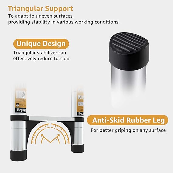 Equal 6.5 FT Aluminum Folding Telescopic Ladder with 2 Triangle Stabilizers |Certified with 2 Year Warranty | 150kg Max Capacity | Collapsible Ladder for Home or Outdoor Work (2m/7 Steps)