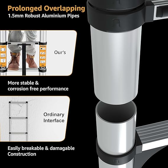 Equal 9.5 FT Aluminum Folding Telescopic Ladder with 2 Triangle Stabilizers | Certified with 2 Year Warranty | 150kg Max Capacity | Collapsible Ladder for Home or Outdoor Work (2.9m/10 Step)