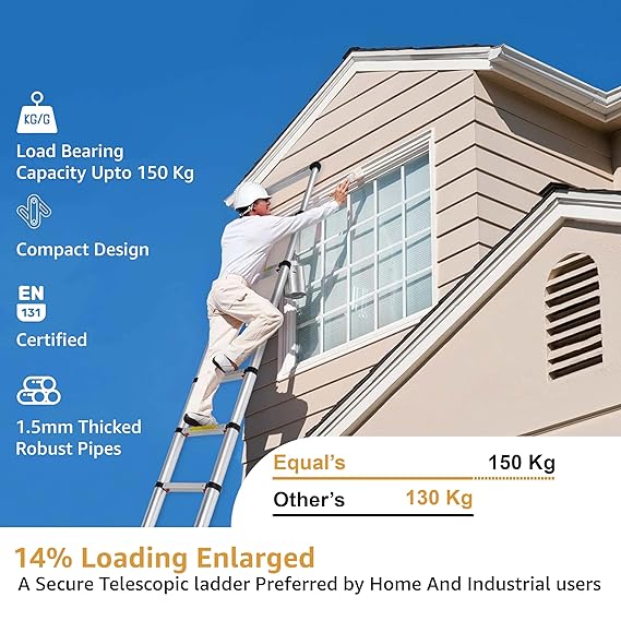 Equal 10.5 FT Aluminum Folding Telescopic Ladder with 2 Triangle Stabilizers | Certified with 2 Year Warranty | 150kg Max Capacity | Collapsible Ladder for Home or Outdoor Work (3.2m/11 Step)
