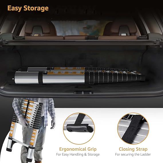 Equal 12.5 FT Aluminum Folding Telescopic Ladder with 2 Triangle Stabilizers | Certified with 2 Year Warranty | 150kg Max Capacity | Collapsible Ladder for Home or Outdoor Work (3.8m/13 Step)